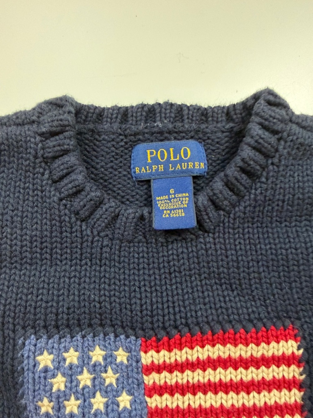 Polo by Ralph Lauren Navy Knit Crewneck Sweater with Flag Motif - Boys Size 6 - Picture 2 of 5